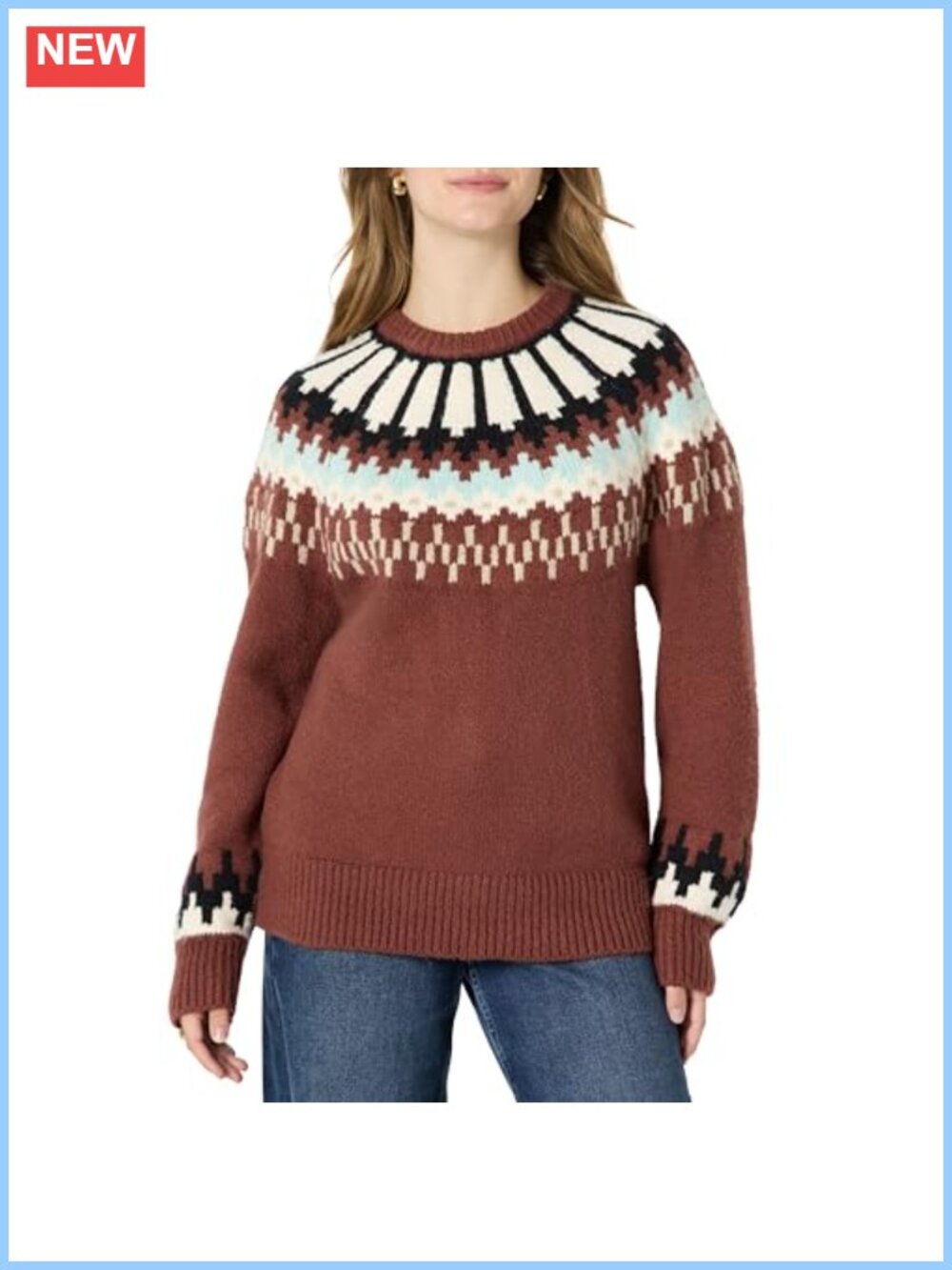 Women's Oversized Fair Isle Crewneck Sweater Cotton-Blend Pullover